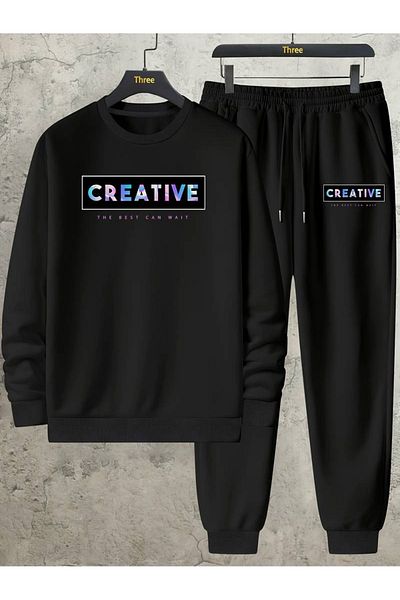 PALPİTO Μαύρο Creative Printed Unisex Oversize Jogger Σετ - Crew Neck