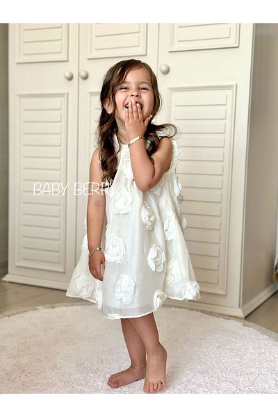 Baby Berry Baby store Ecru Colored Baby Girl Special Occasion Dress - Three-Dimensional Rose Detail and Floral Pattern