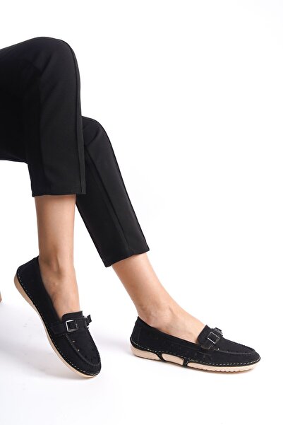 Limeo Черни перфорирани велурени обувки с метална катарама отпред, удобни меки, ежедневни, мокасини