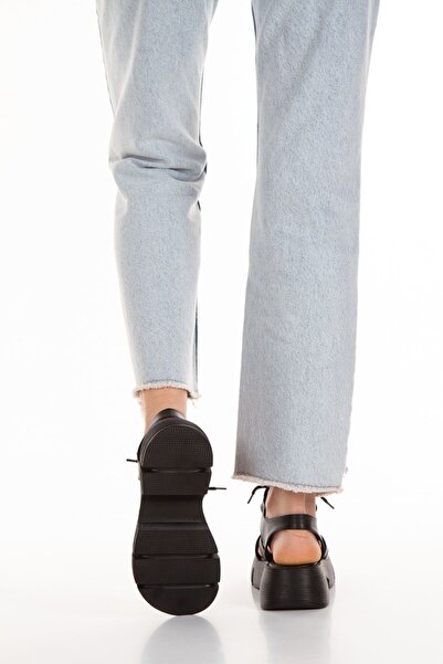 Limeo Černé šněrovací tlusté dvoupruhové sportovní ortopedické pohodlné letní dámské sandály s vysokou podrážkou