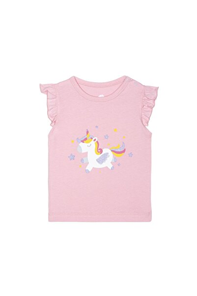 Kız Çocuk Baskılı Pamuklu Fırfır Kollu Tişört Unicorn