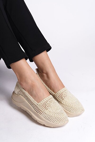 Limeo Κρεμ ψηλή αθλητική σόλα με δαντέλα με μοτίβο καλοκαιρινά καθημερινά γυναικεία παπούτσια μπαλαρίνας