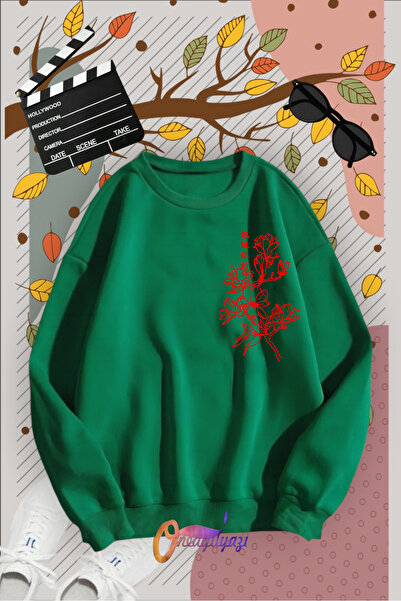 oneagılyazı guler rotund bucăți Red Flower cu imprimeu Swea tricou