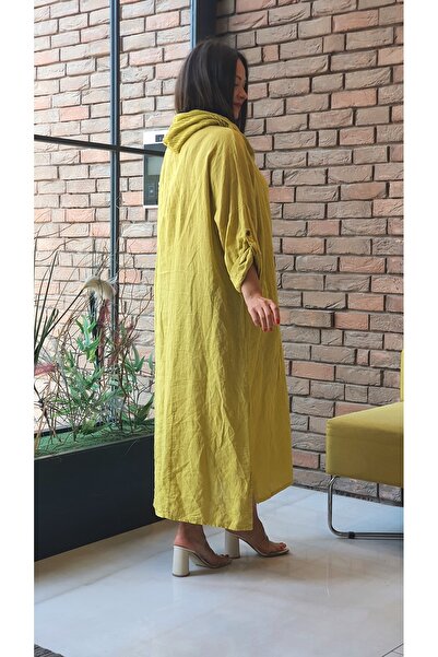 Park Moda İtalyan Kadın Elbise Kapüşonlu File Detaylı Keten Elbise