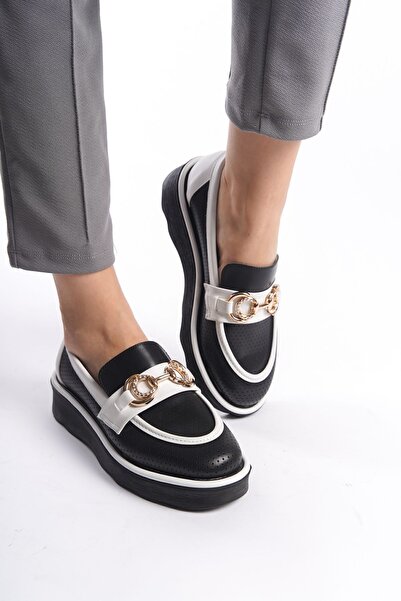 Limeo Черно-бели дамски обувки с метални детайли отпред, висока подметка и ежедневни мокасини