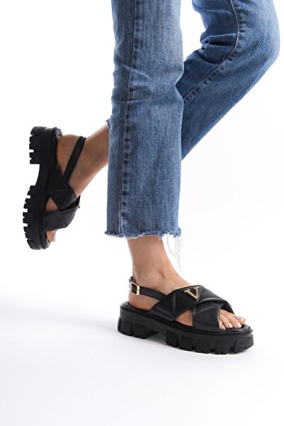 Limeo Detailní zlaté logo V - letní dámské sandály s vysokou měkkou podrážkou Black Puff