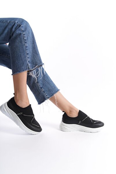 Limeo Black High Sole Comfortable Soft Shiny Stripe Detailed Women's Casual Sports Walking Shoes Sneakers