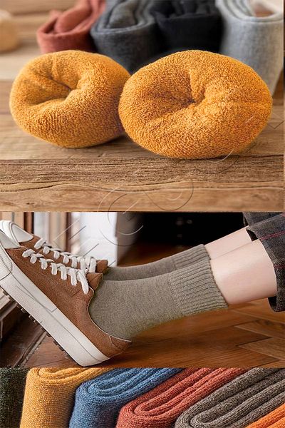 Meguca Socks Комплект цветни памучни унисекс зимни хавлиени чорапи - изключително дебели и абсорбиращи топлината 5 чифта