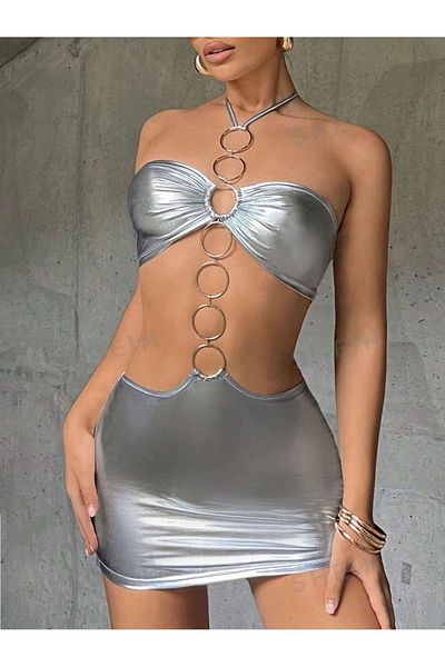 my cherie VIP-2958 Vip Madame Μεταλλικό Ασημένιο Δαχτυλίδι Λεπτομερές Στράπλες Μίνι Φανταστικό Φόρεμα