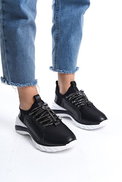 Limeo Women's Black Glittery Shiny Laced Soft Sneaker Sports Shoes