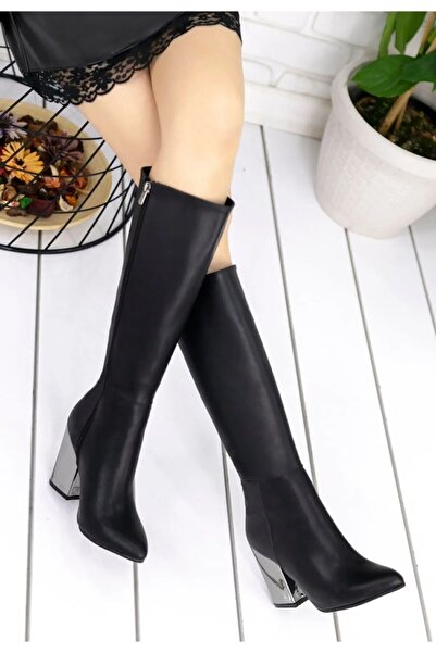 Limeo Dámské kozačky koženého vzhledu černé se zrcadlem na podpatku