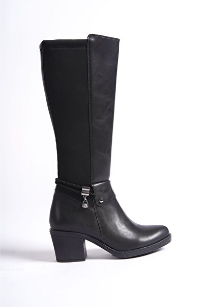 Limeo Černá kůže Look Back Stretch Flexibilní Silná přezka na středním vysokém podpatku Detailní dlouhé boty na zip