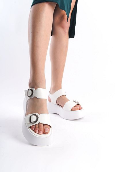 Limeo White High Sole Striped Double Buckle Thick Striped Women's Wedge Heeled Summer Sandals