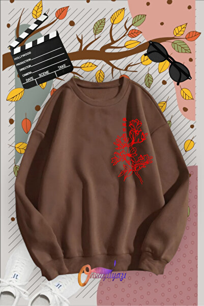 oneagılyazı guler rotund bucăți Red Flower cu imprimeu Swea tricou