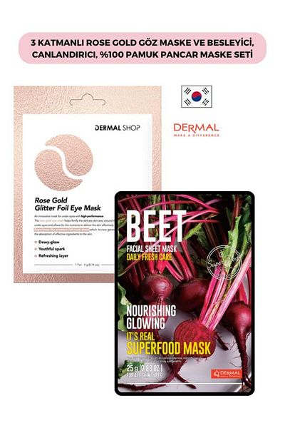 Dermal 3-Layer Rose Gold Eye Mask and Nourishing, Revitalizing, 100% Cotton Beet Mask Set