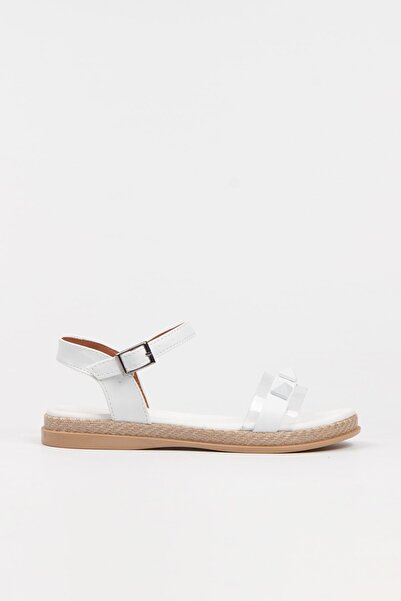 Limeo White Buckle Partially Transparent Single Stripe Low Straw Sole Detailed Summer Sandals