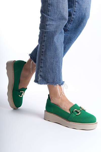 Limeo Зелени предни метални детайли Лъскави раирани ежедневни мокасини с висока подметка