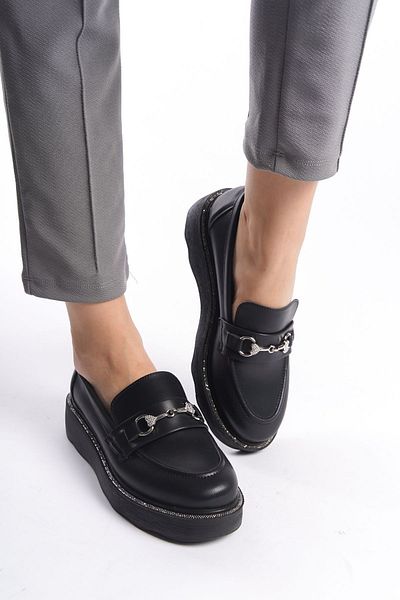 Limeo Black Front Jewelled Metal Detailed Shiny Striped High Sole Casual Loafer Moccasin Women's Shoes