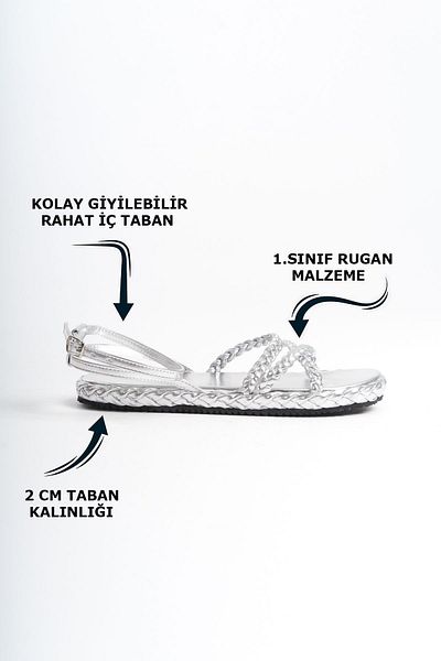 Limeo Sandale de damă argintii strălucitoare - talpă joasă confortabilă, modele cu trei răsuciri și papuci de vară cu dungi