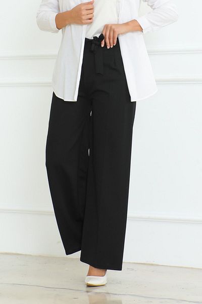 Eliva Black Hijab Trousers - Wide Leg and Belt Detail