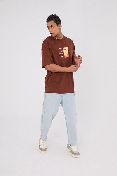 Saw Urbanity Vincent Van Gogh On the Door of Eternity Train Printed Oversize Brown T-Shirt - Back Printed