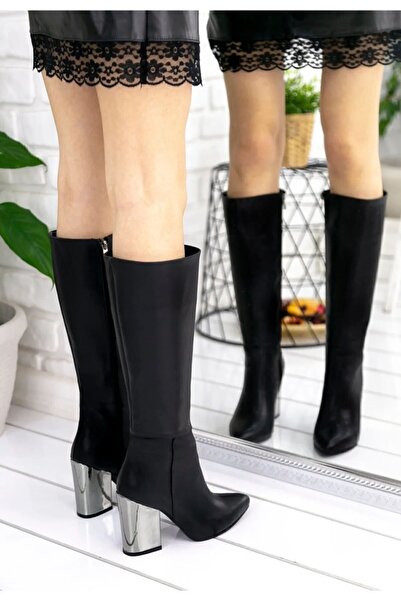 Limeo Dámské kozačky koženého vzhledu černé se zrcadlem na podpatku