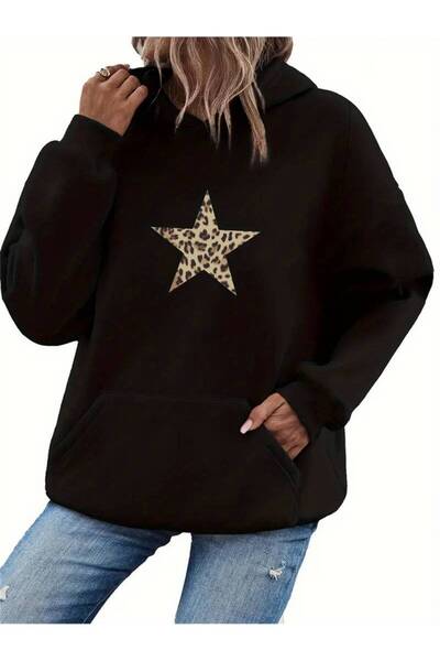 AEMİ Imprimat cu stele leopard - Hanorac negru cu glugă supradimensionat pent...