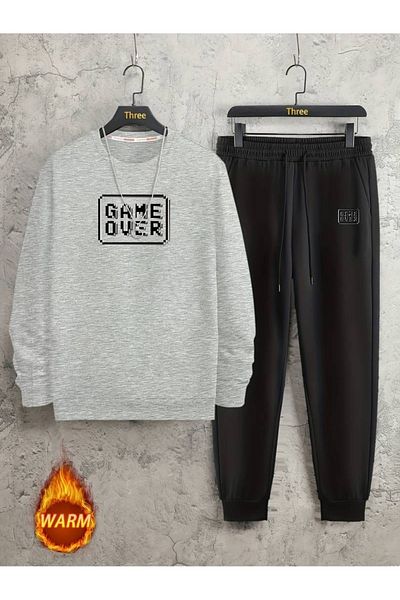 PALPİTO Game Over Printed Unisex Γκρι Oversize Jogger Σετ - Crew Neck