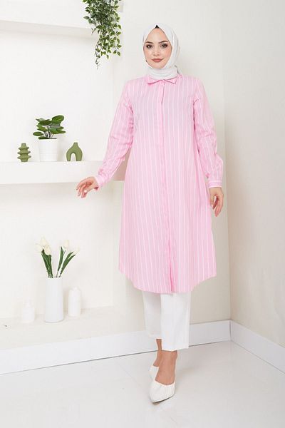 Eliva Pink and White Striped Long Collar Buttoned Hijab Tunik