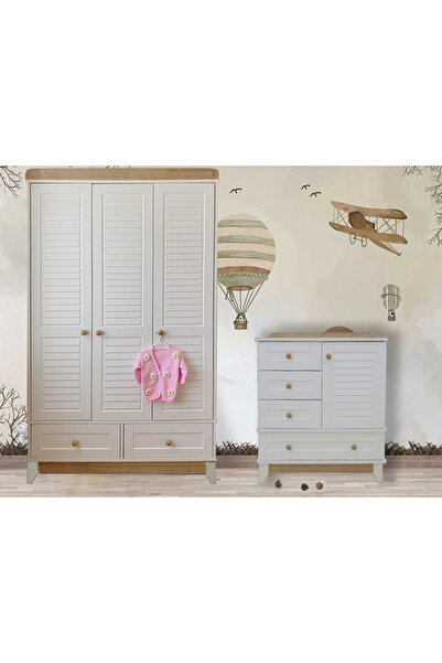 Koza Nova Full Panjur Ahşap Beyaz 3 Kapılı Dolap & Nova Full Panjur Şİfonyer