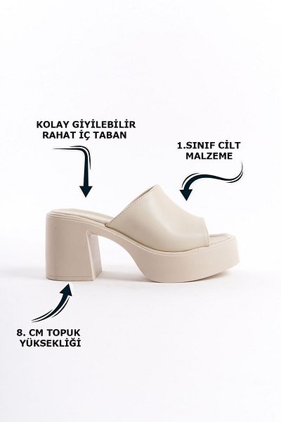 Limeo Pantofi din piele artificială cu toc înalt crem, cu o singură dungă groasă, papuci de vară pentru femei, papuci de vară