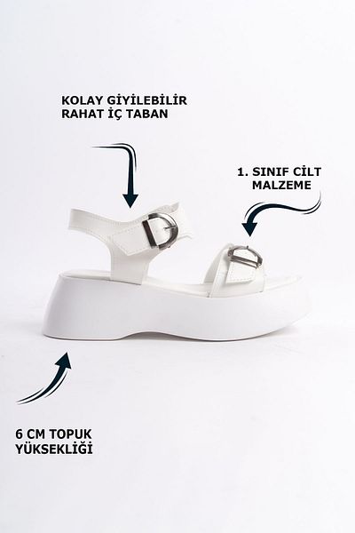 Limeo White High Sole Striped Double Buckle Thick Striped Women's Wedge Heeled Summer Sandals
