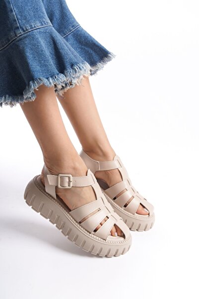Limeo Cream High Sole Three Stripes Closed Front Buckle Women's Summer Sandals