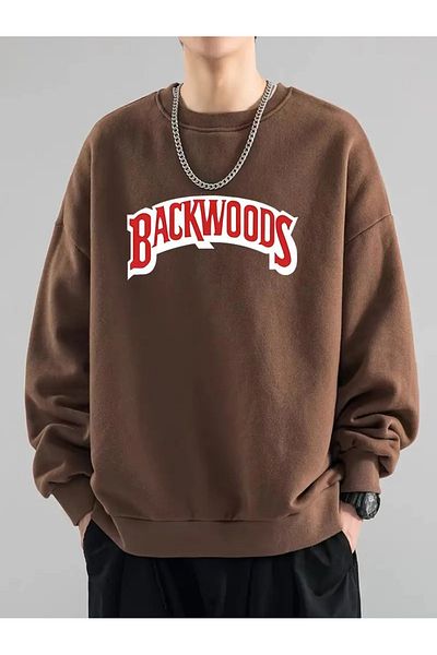 PALPİTO Мъжки суитшърт с кръгло деколте, кафяв, с принт BackWoods