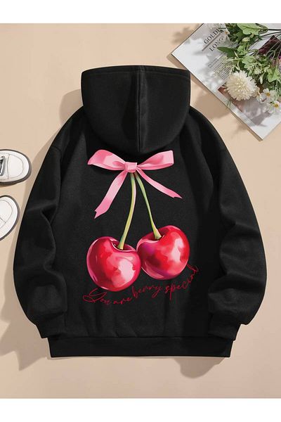 AEMİ Дамски суитшърт с качулка Oversize с шарка череша-череша
