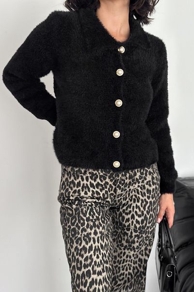 FEMELLE Cardigan negru cu gât polo - cu barbă, detaliu nasturi, mărime standard
