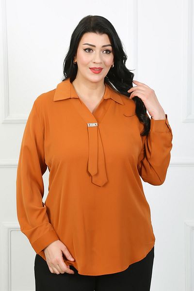By Alba Collection قماش جيسيكا برتقالي - قميص نسائي مقاس كبير بتفاصيل حجرية