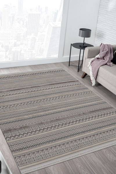 Naar Step 2207 Gri İskandinav Desen Pamuk Tabanlı Modern Makine Halı Salon Oturma Odası Yolluk Kesme Halı