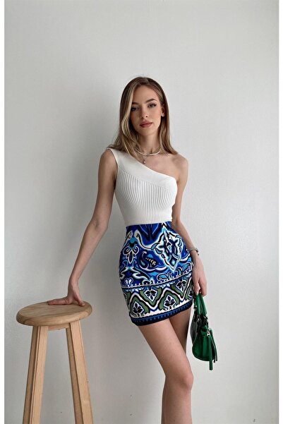 Arden Mini Şort Etek, Etnik Desen Saks Mavi Kısa Etek, Trend Sokak Stili, Kokteyl, Mezuniyet, S, M, L