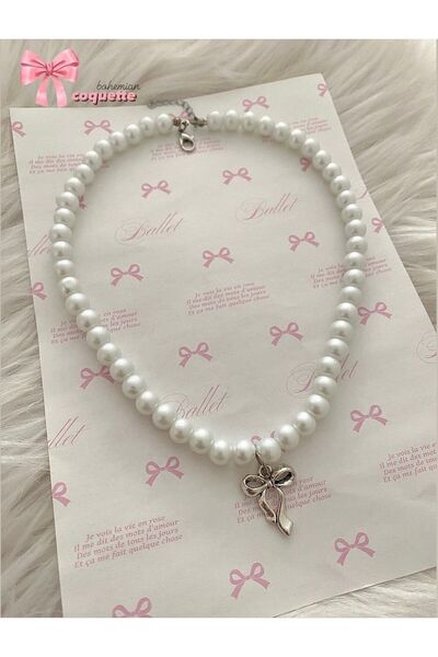 bohemian takı tasarim Fiyonklu Beyaz Cam İnci Coquette Kolye