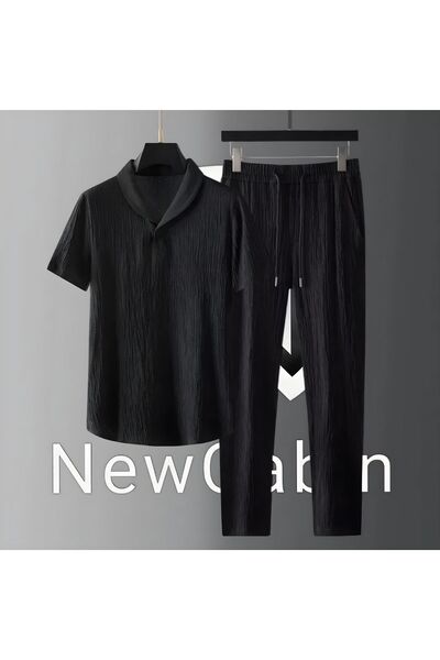NewCabin Set de tricou și trening negru de vară Lycra - țesătură ondulată înfășurată, mânecă scurtă, set 2 piese