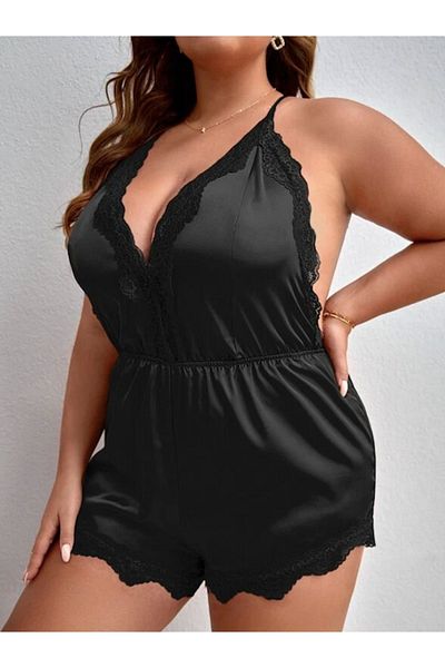 my cherie Plus Size Lace Detail Satin Jumpsuit Fancy Nightgown