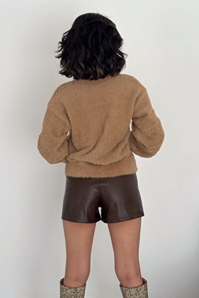 FEMELLE Camel Color V-neck Size Buttoned Women's Knitwear Cardigan