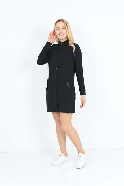 Banadamoda Navy Blue Long Sleeve Pocket Magnificent Collar Snap Button Tunic