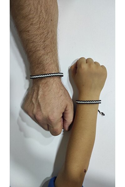 Aksesuar Taraftar Baba - Oğul Kombin Makrome Örgü Bileklik, Siyah, Beyaz Beşi...