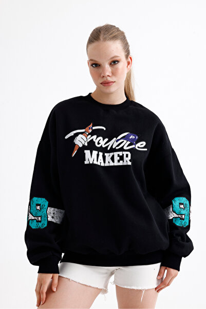 FUWEAR Бъгс Бъни Trouble Maker - Черна унисекс суитшърт с голям размер, печат...