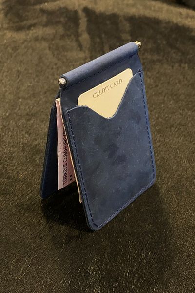 MAT Deri Men's Thin Wallet - Blue, Genuine Leather, Money Clip, Slim Card Holder Gift