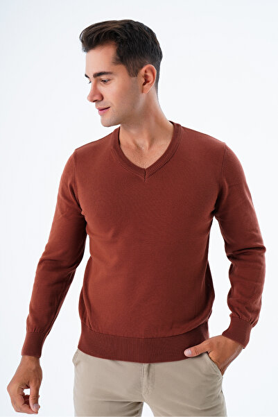 Trist Star Мъжки трикотажен пуловер от 100% памук с V-образно деколте Trıst-1102