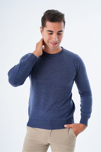 Trist Star Ανδρικό πουλόβερ Indigo Melange Crew Neck 100% βαμβακερό πλεκτό - Trist-1101