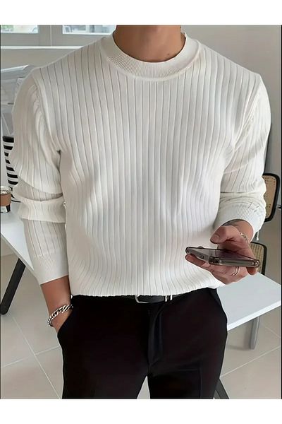 BLUE STREET Men's White Crew Neck Slim Fit Knitwear Sweater